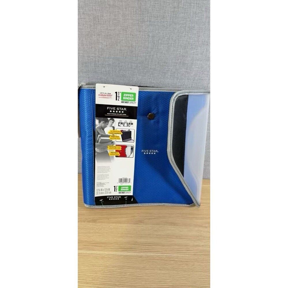 Five Star 1.5" Zipper Binder Blue Clearview Flap Side Access Open Spine NWT